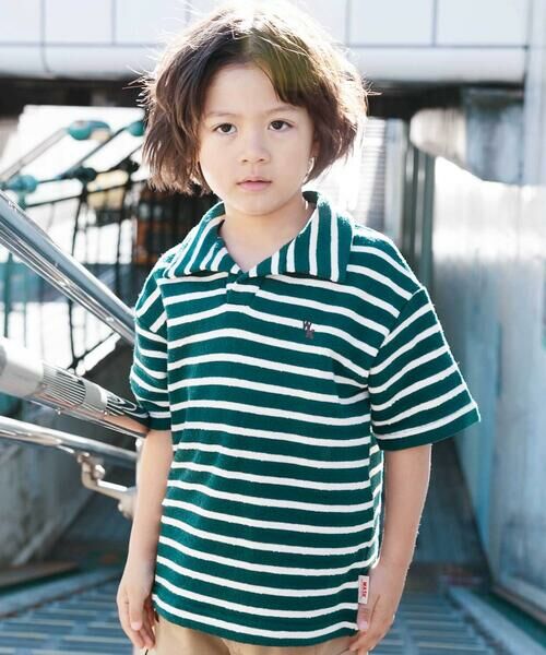 WASK / ワスク Tシャツ | スキッパーネック ボーダープレッピーBIGポロシャツ(100~160cm)（グリーン系）