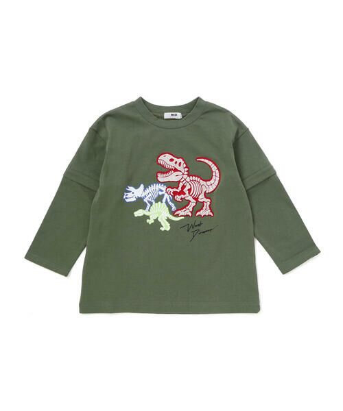 WASK / ワスク Tシャツ | 2WAYティラノサウルス刺しゅうビッグTシャツ(80~160cm)（グリーン）