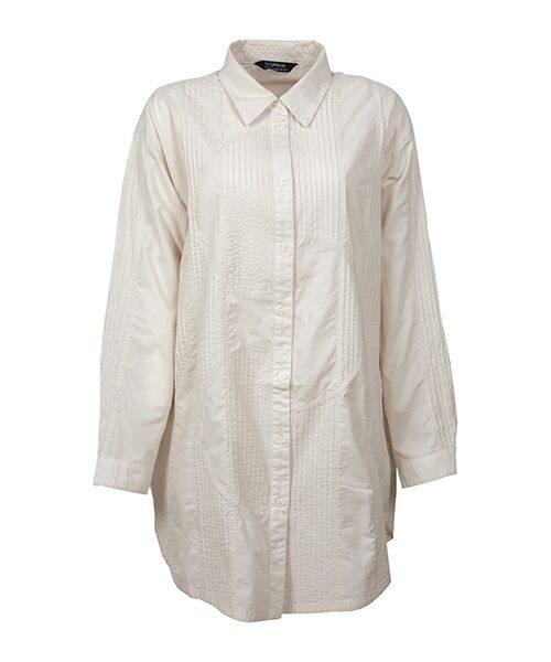 YACCOMARICARD/ヤッコマリカルド ローン 半円切替+縦ストライプピン 長袖チュニックBL 白鼠 サイズ1 YACCOMARICARD/ヤッコマリカルド ローン 半円切替+縦ストライプピン 長袖チュニックBL 白鼠 サイズ1