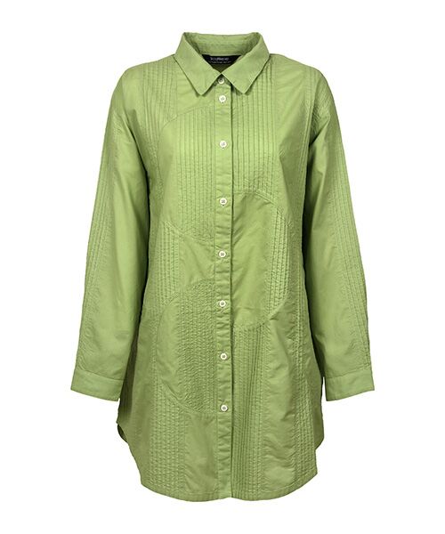 YACCOMARICARD/ヤッコマリカルド ローン 半円切替+縦ストライプピン 長袖チュニックBL 早緑 サイズ1 YACCOMARICARD/ヤッコマリカルド ローン 半円切替+縦ストライプピン 長袖チュニックBL 早緑 サイズ1