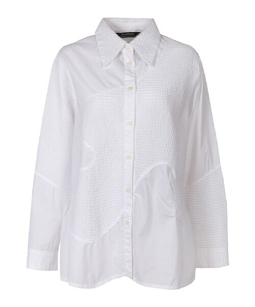 YACCOMARICARD / ヤッコマリカルド シャツ・ブラウス | ﾛｰﾝ部分ﾋﾟﾝｶｰﾌﾞﾊﾟｯﾁﾜｰｸ長袖ｼｬﾂ（白）