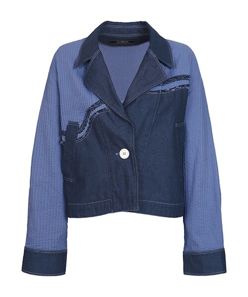 YACCOMARICARD/ヤッコマリカルド ｶﾂﾗｷﾞﾃﾞﾆﾑ+ﾛｰﾝ枯山水 ﾃｰﾗｰﾄﾞ襟JK 灰青 サイズ2