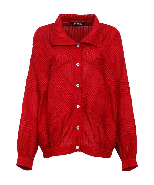 YACCOMARICARD / ヤッコマリカルド シャツ・ブラウス | 100ﾎﾞｲﾙ 総ﾋﾟﾝ格子ﾌﾞﾃｨ 襟付長袖BZ型JK（赤）