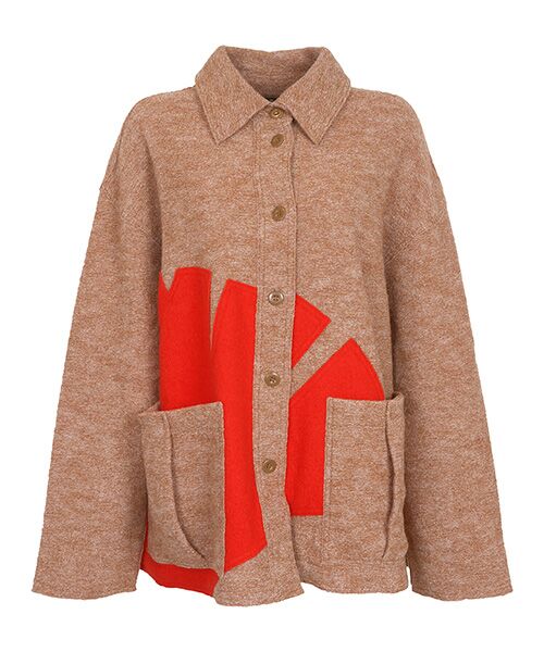 YACCOMARICARD / ヤッコマリカルド その他アウター | 圧縮ニット銀杏モチーフアップリケ　シャツ型JK（シロクリメランジ×カラクレナイ）