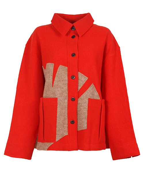 YACCOMARICARD / ヤッコマリカルド その他アウター | 圧縮ニット銀杏モチーフアップリケ　シャツ型JK（カラクレナイ×シロクリメランジ）