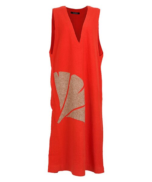 YACCOMARICARD/ヤッコマリカルド 圧縮ニット銀杏モチーフアップリケ V襟ジャンパースカート カラクレナイ×シロクリメランジ サイズN