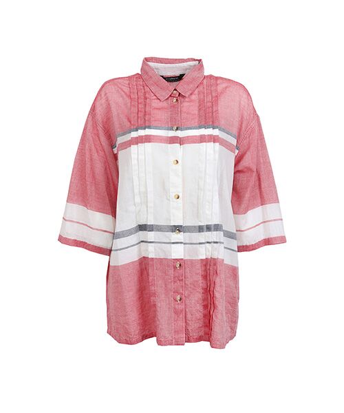 YACCOMARICARD / ヤッコマリカルド シャツ・ブラウス | タック入リ80ムルムル 横縞 シャツ襟 7分袖 BL（赤縞）