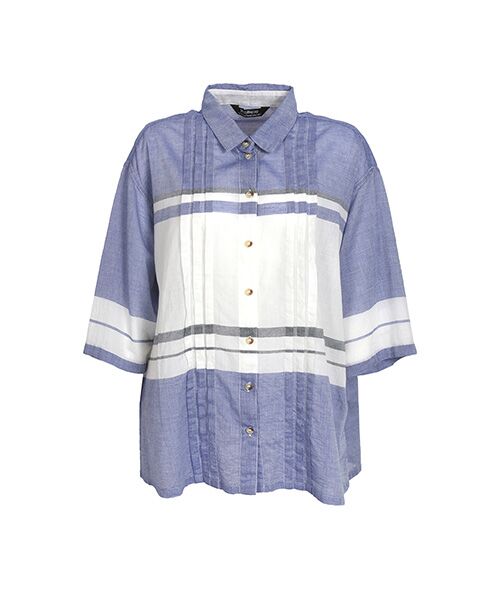 YACCOMARICARD / ヤッコマリカルド シャツ・ブラウス | タック入リ80ムルムル 横縞 シャツ襟 7分袖 BL（藍縞）