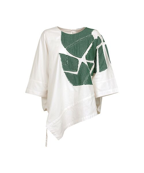 YACCOMARICARD / ヤッコマリカルド シャツ・ブラウス | ボタニカルカットワークWアシメドロスト襟ナシ P/O7分袖BL（ジャスミンホワイト）