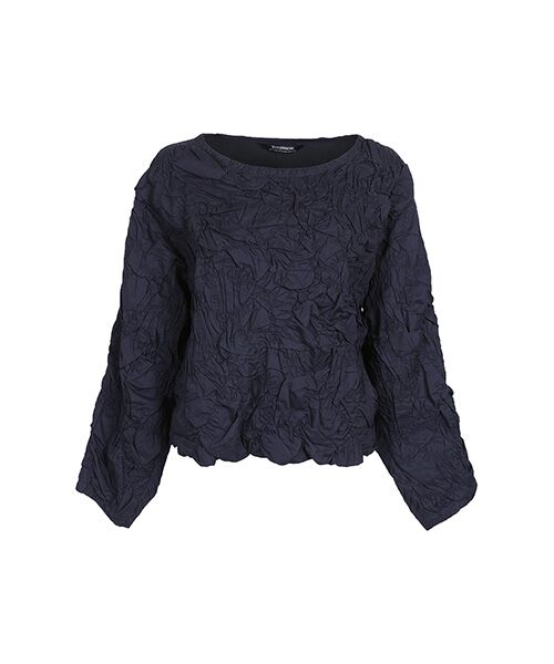 YACCOMARICARD / ヤッコマリカルド シャツ・ブラウス | ローン前リンクルギャザー後横ピン丸首長袖PO（黒藍）