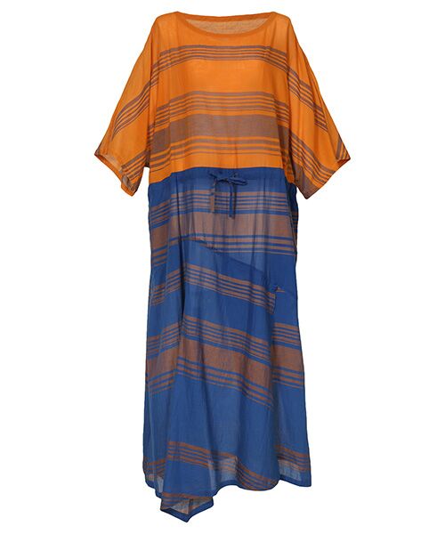 YACCOMARICARD / ヤッコマリカルド ロング・マキシ丈ワンピース | 80ムルムル配色 ドロスト付　半袖P/O OP（オレンジ）