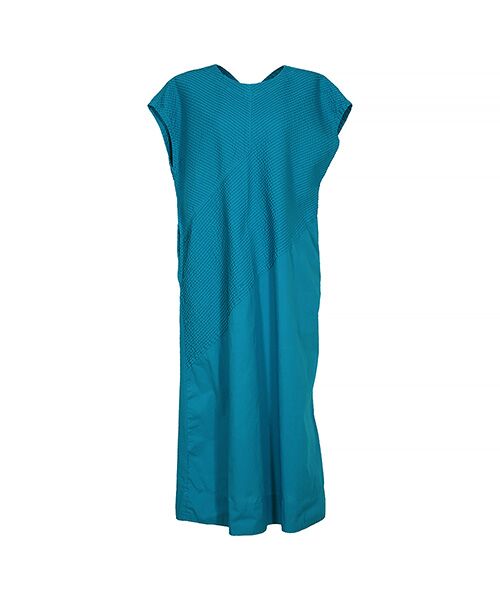 YACCOMARICARD / ヤッコマリカルド ロング・マキシ丈ワンピース | キャラコ部分ピン 斜めアシメピン 衿ナシフレンチ袖 OP（ピーコック）