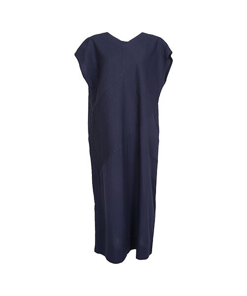 YACCOMARICARD / ヤッコマリカルド ロング・マキシ丈ワンピース | キャラコ部分ピン 斜めアシメピン 衿ナシフレンチ袖 OP（濃紺）