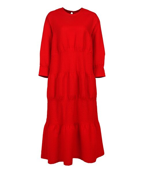 YACCOMARICARD / ヤッコマリカルド ロング・マキシ丈ワンピース | サイフ総ピン縦横ピン丸首長袖ロング丈ワンピース（ブライトレッド）