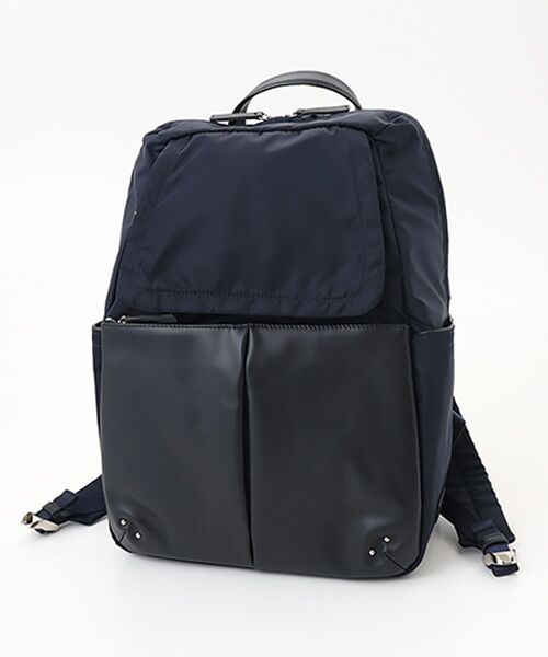 Y'SACCS / イザック リュック・バックパック | NEWナイロン×レザーコンビシリーズ　前ポケットラージリュックサック（ネイビー）