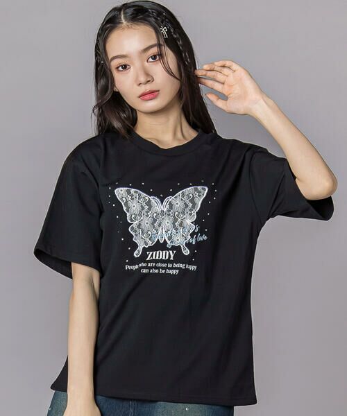 ZIDDY / ジディー Tシャツ | レースバタフライ・スパークルTシャツ(130~160cm)（ブラック）