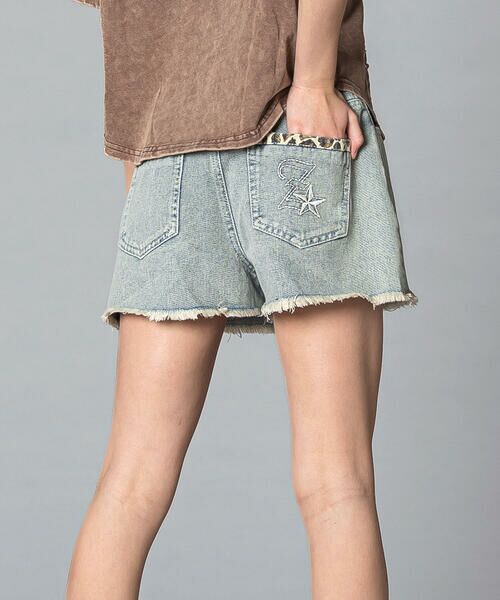 ZIDDY / ジディー デニムパンツ | 【 ニコ☆プチ 】ヒョウ柄ミックス デニム フリンジショートボトム(130~160cm)（ブルー）