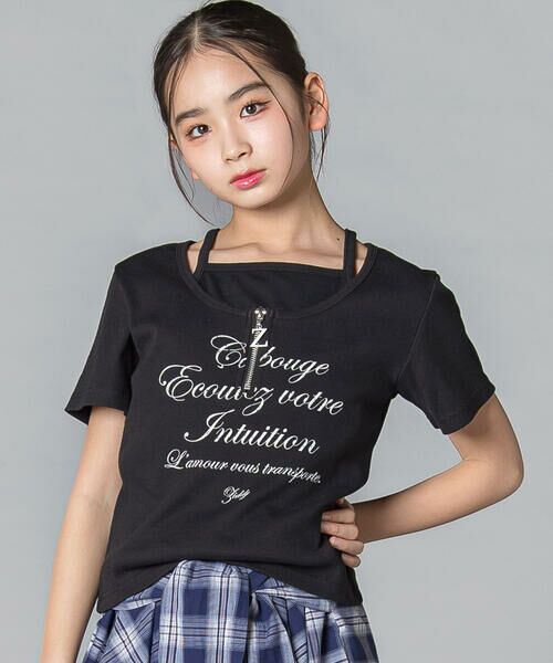 ZIDDY / ジディー Tシャツ | ハーフジップレイヤード風半袖Tシャツ(130~160cm)（ブラック）