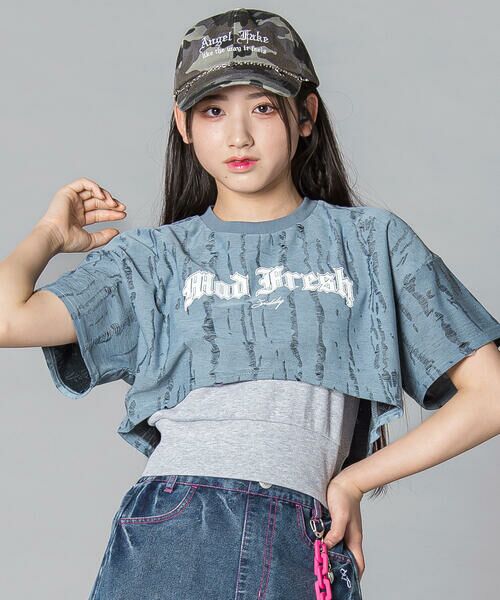 ZIDDY / ジディー Tシャツ | 【 ニコ☆プチ 】ダメージ風ドッキングトップス(130~160cm)（ブルー）