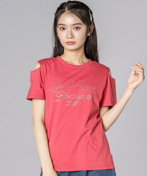 ZIDDY / ジディー Tシャツ | 【接触冷感】ラインストーン肩あきTシャツ(130~160cm)（レッド）