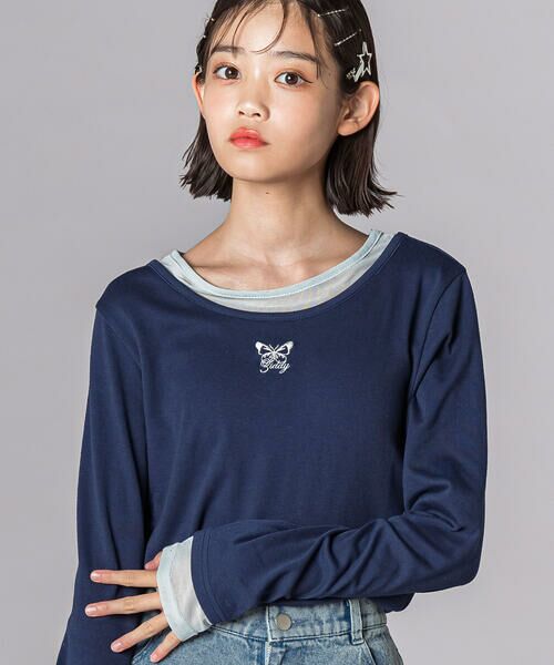 ZIDDY / ジディー Tシャツ | バタフライ刺しゅうシアーレイヤード風長袖トップス(130~160cm) | 詳細3