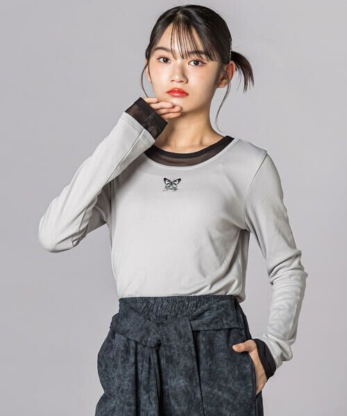 ZIDDY / ジディー Tシャツ | バタフライ刺しゅうシアーレイヤード風長袖トップス(130~160cm)(グレー)